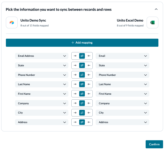 Customize field mappings to sync rows between Airtable and Microsoft Excel