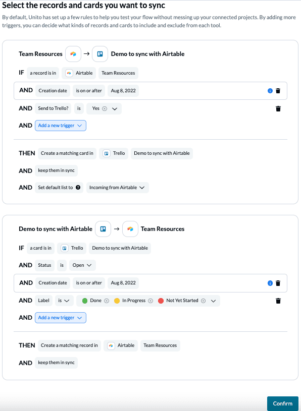 Setting rules in Unito to keep Airtable records in sync with Trello cards