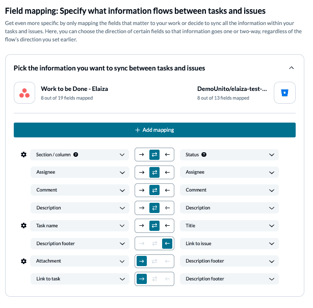 Select field mappings to sync BitBucket issues to Asana tasks