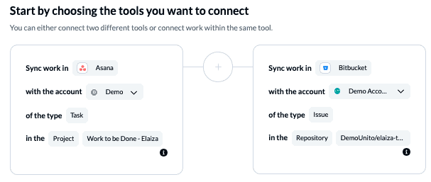 Connect Asana and BitBucket with Unito tool selection