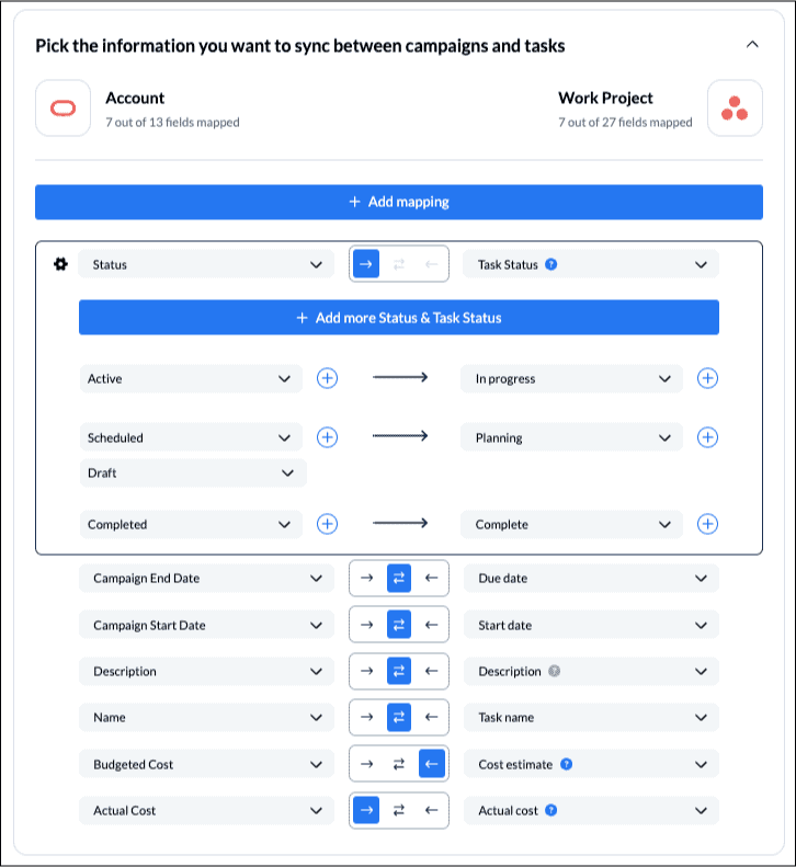 Choose fields to keep in sync between Asana tasks and Eloqua campaigns in an account