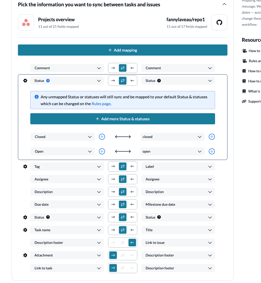 Set up field mappings between Asana and GitHub