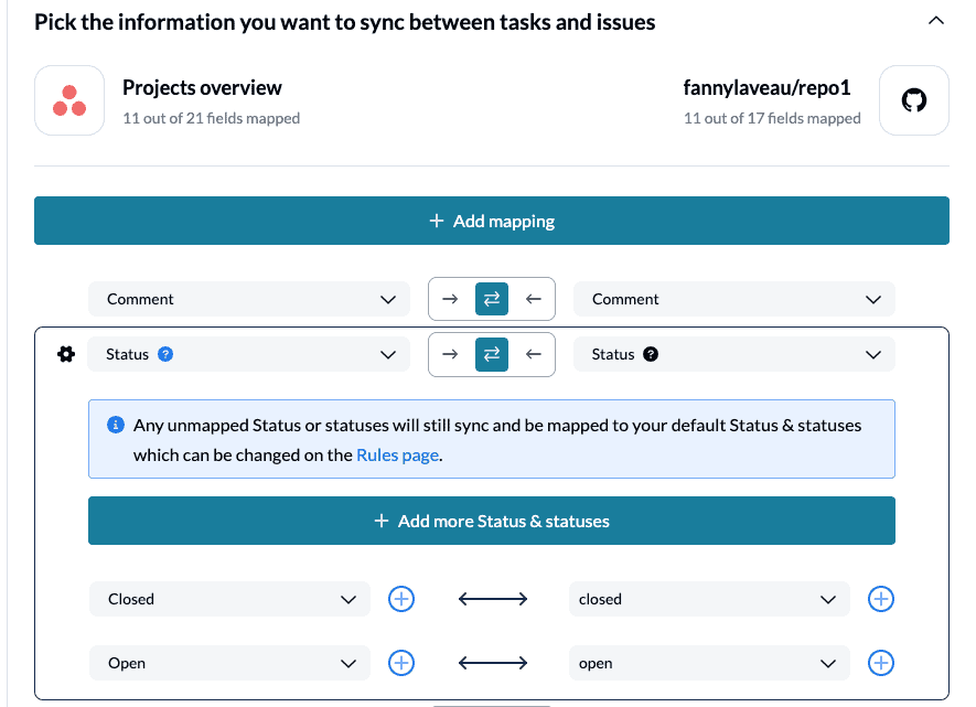 Unito Field Mappings Customization GitHub Asana