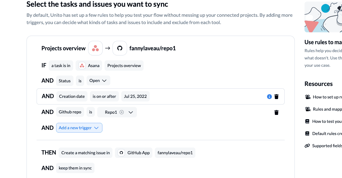 Set rules to filter data between your Asana tasks to GitHub issues