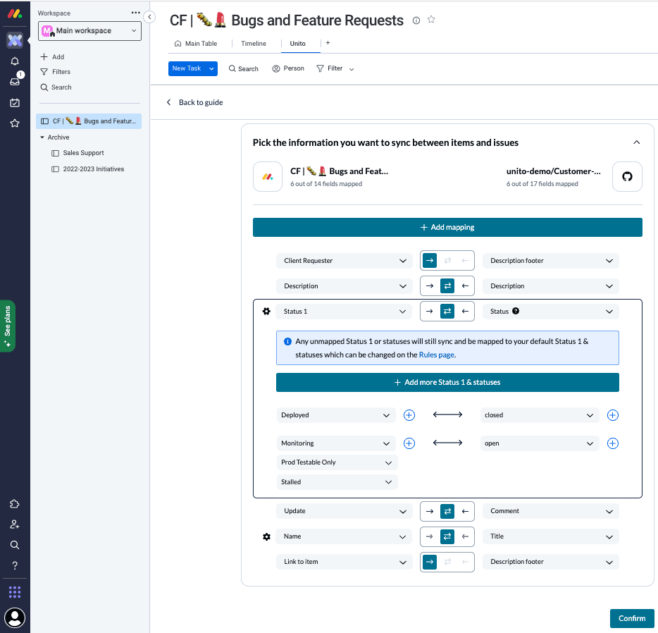 GitHub monday.com 2-way Integration Field Mappings