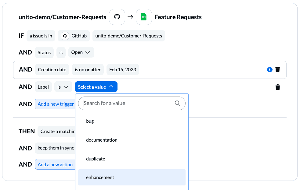 Setting rules to filter out certain GitHub issues from syncing to Google Sheets wtih Unito