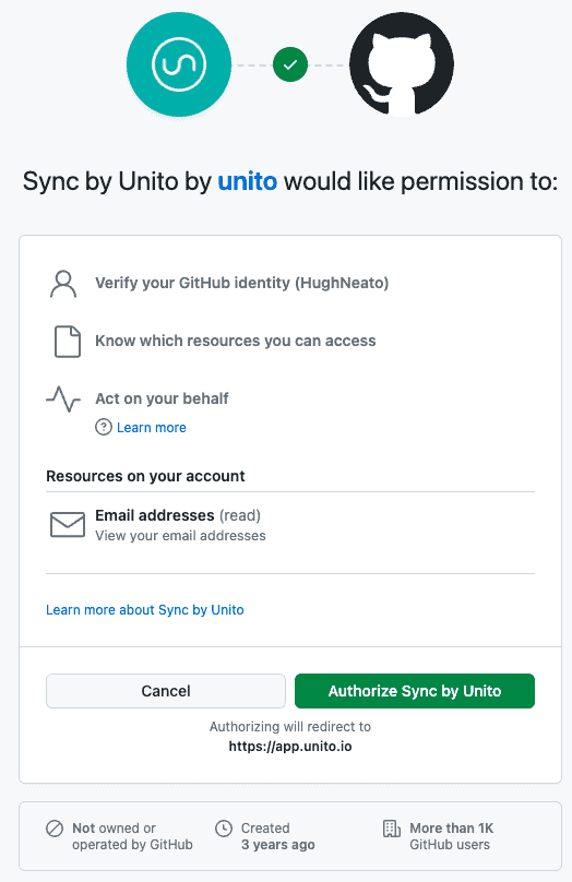 GitHub Unito Authorization Screen