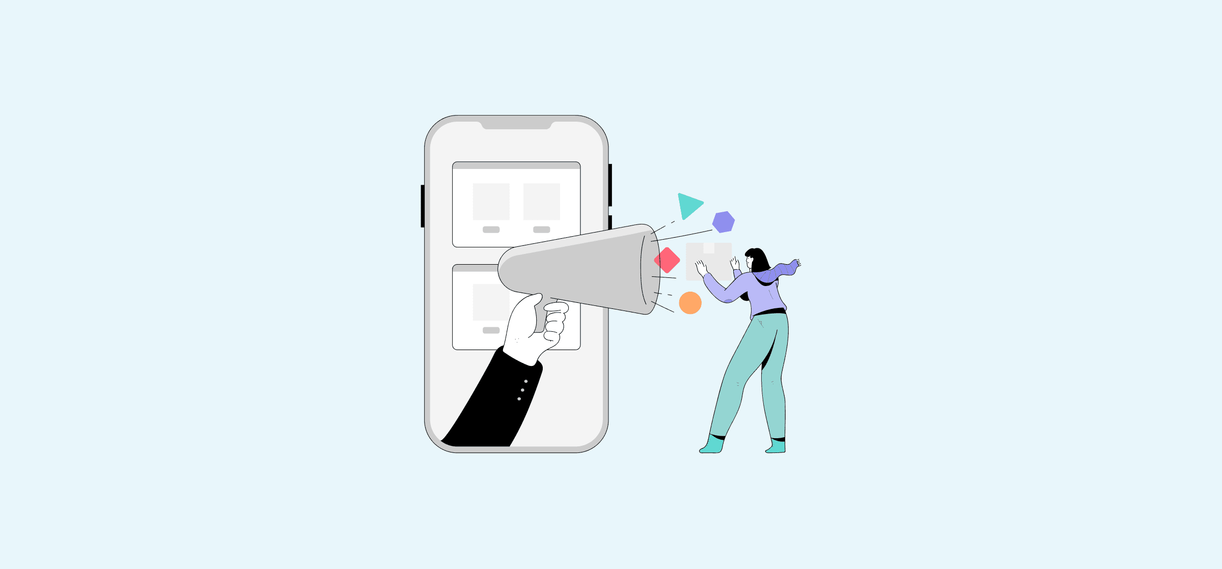 An illustration of a woman by a giant phone, representing lead management.
