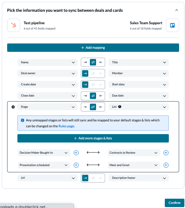 Set up field mappings to keep Trello cards and HubSpot deals in sync