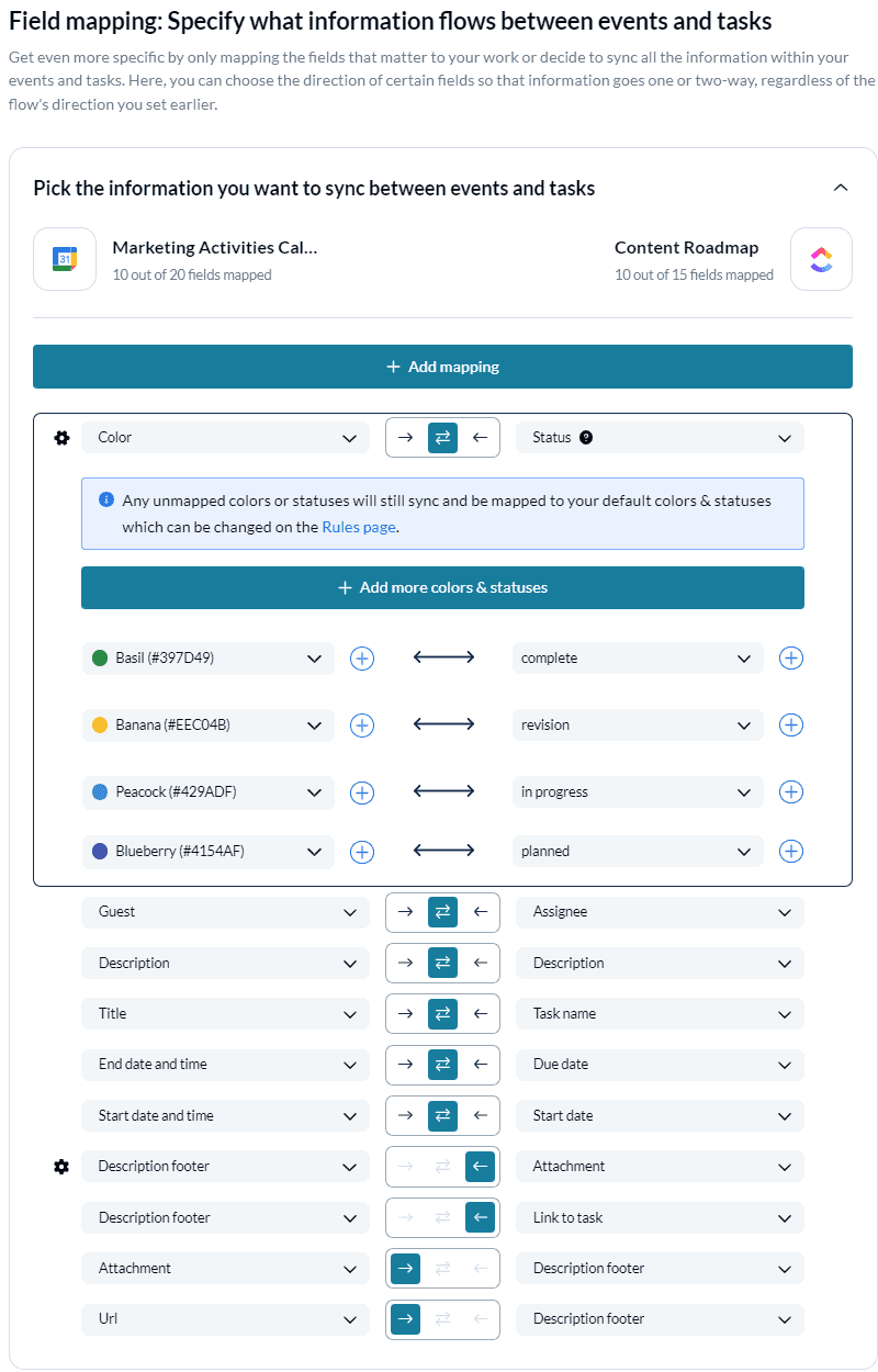 Set field mappings between ClickUp and Google Calendar