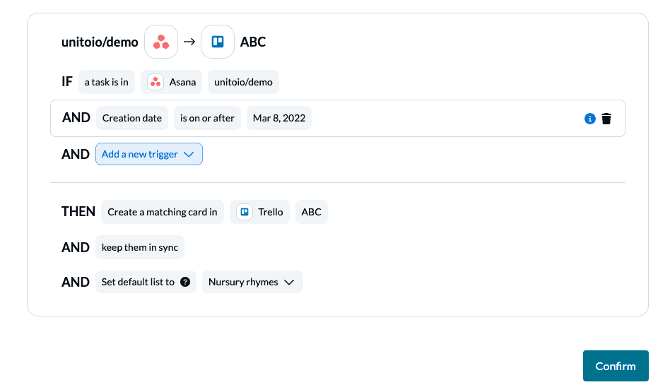 Unito flow Trello Asana 2-way sync rules and filters