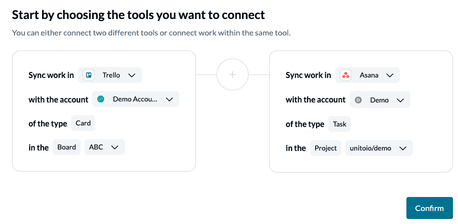 Unito flow Trello Asana 2-way sync tool connection