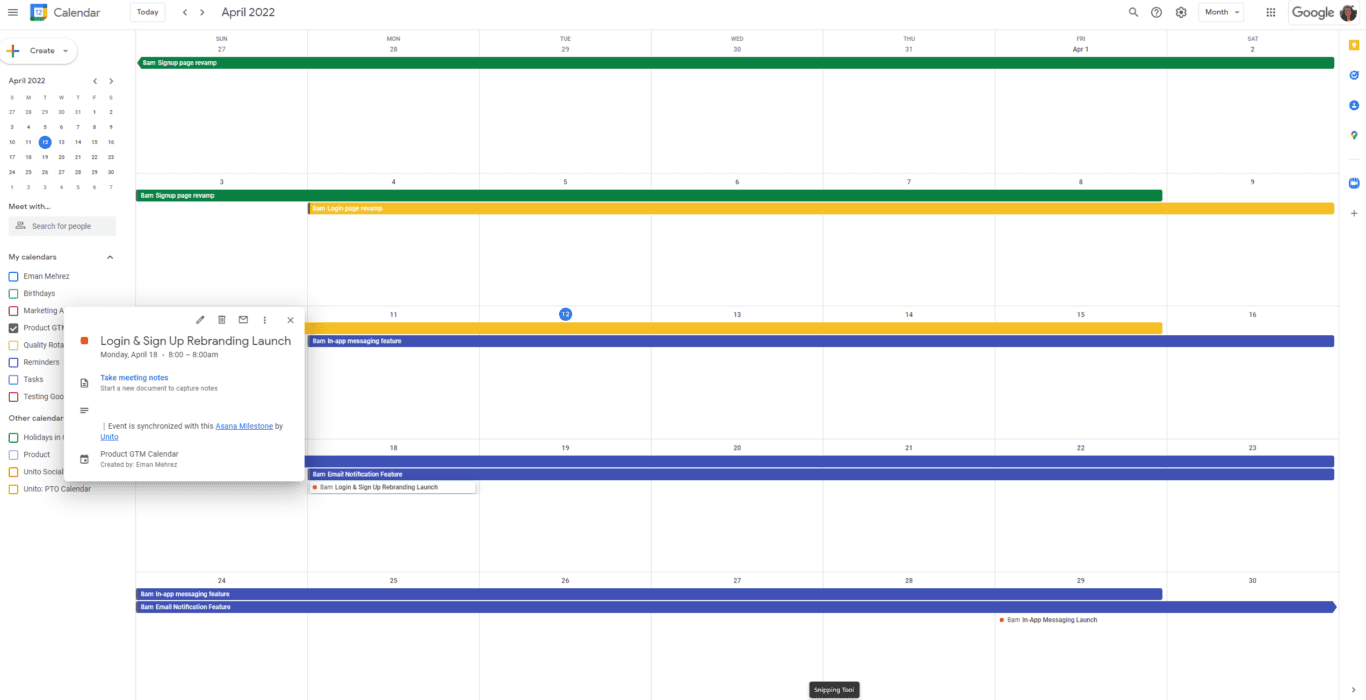 A screenshot showing Google Calendar events synced to Asana with Unito