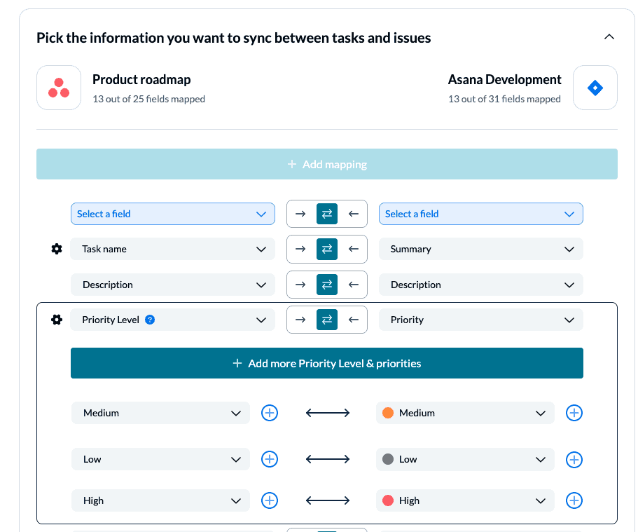 Screenshot of field mappings table in Unito to sync Jira and Asana fields together