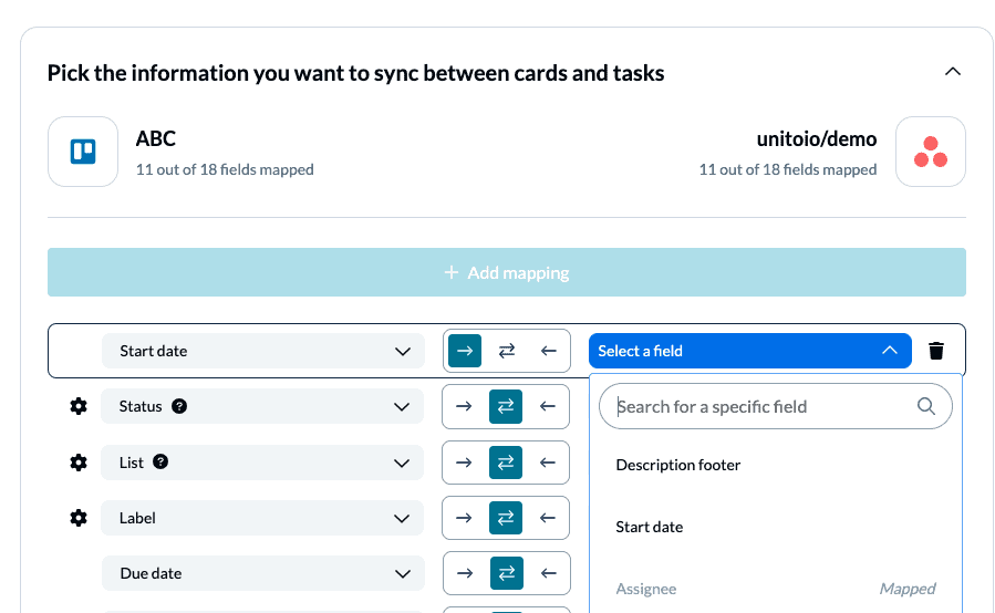 Unito flow Trello Asana 2-way sync field mappings