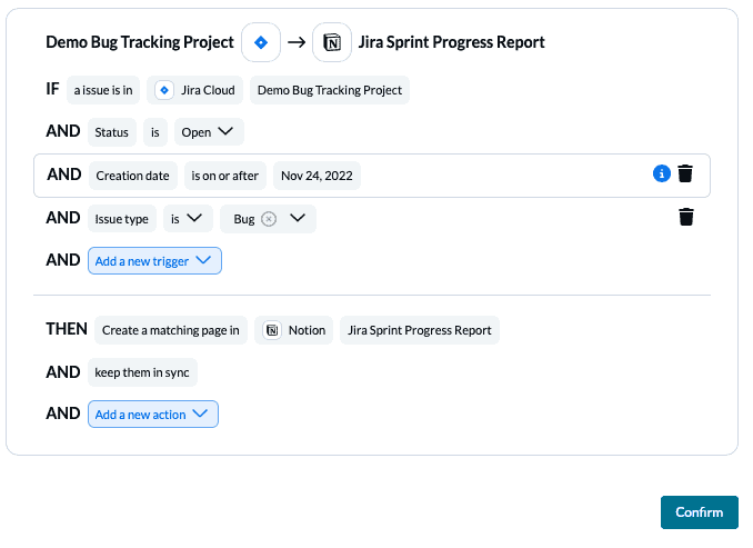 A screenshot of basic rules in Unito showing how Jira issues can become Notion Pages in Unito
