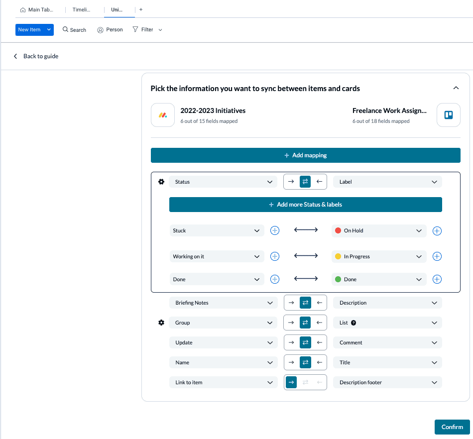 Set up field mappings between monday.com and Trello