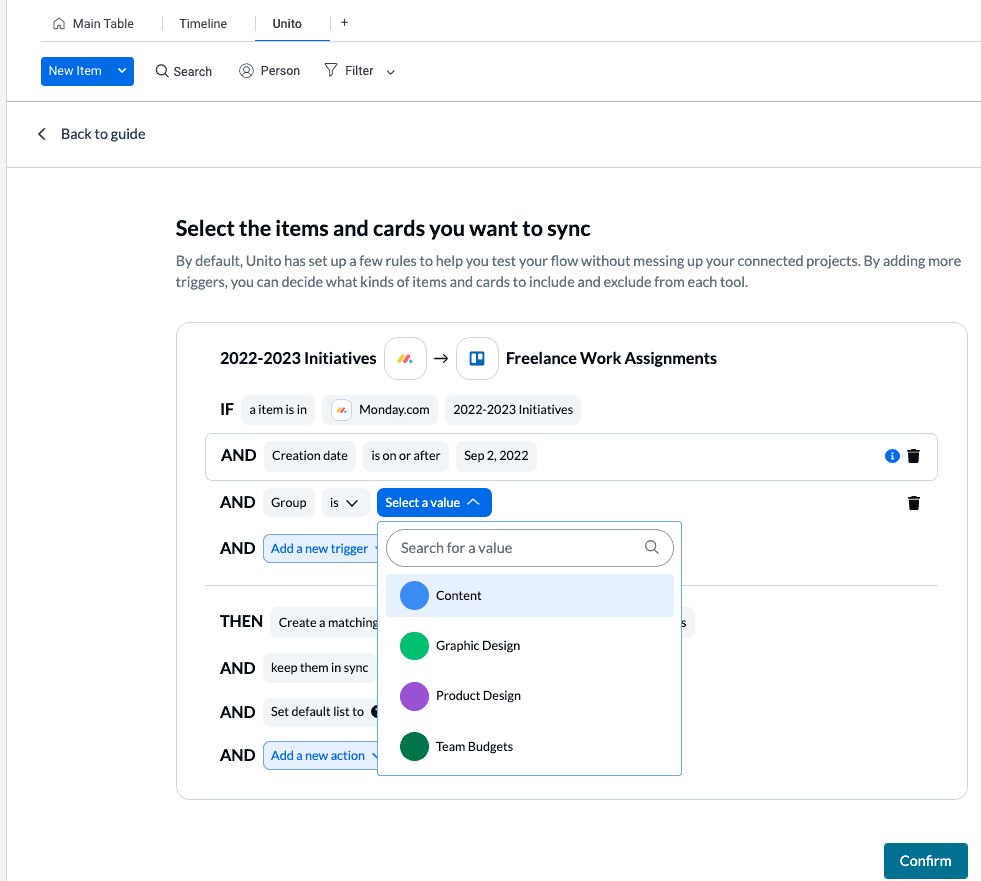 Set rules to filter data between Trello and monday.com