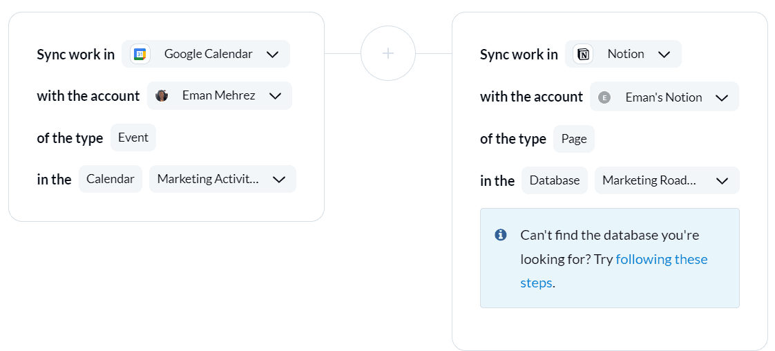 Selecting Tools to connect to Unito Notion and Google Calendar