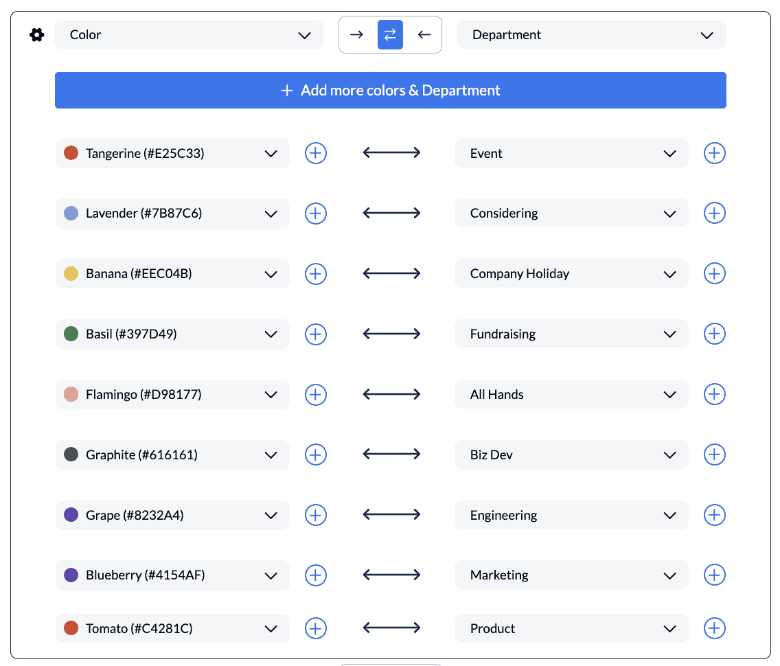 screenshot of Google Calendar colors synced to specific types of departments at an organization.