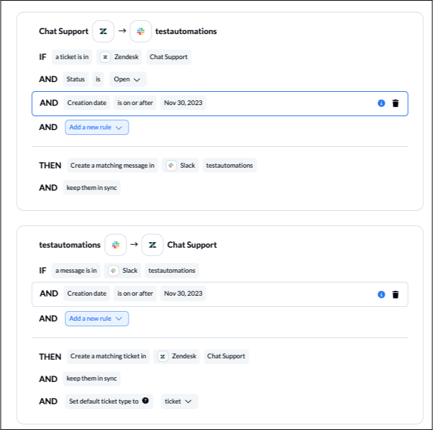 A screenshot of the rules screen in Unito syncing Zendesk tickets to Slack messages