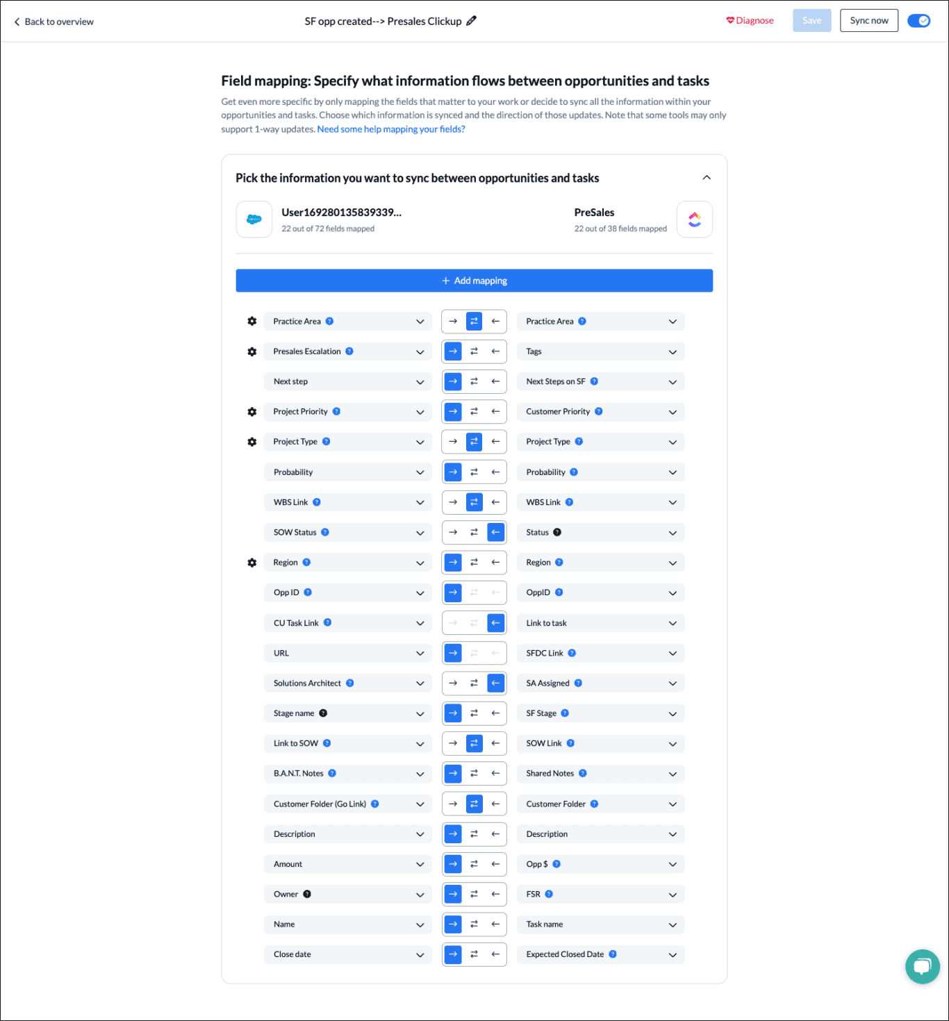 Screenshot of a field mapping table between monday.com and Salesforce with custom fields applied to sync between tools