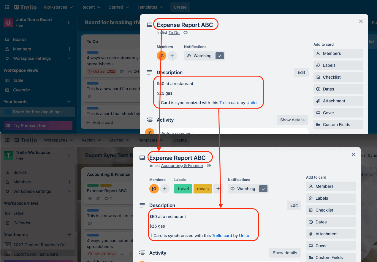 Screenshot of two Trello cards synced by Unito Board Sync in real-time with live updates