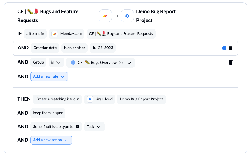 setting rules in Unito to configure an integration between monday.com and Jira