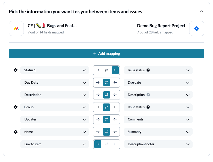 setting field mappings for an integration between monday.com and Jira with Unito