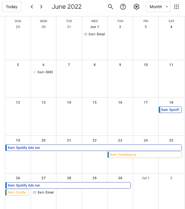 A Google Calendar populated by monday.com tasks through Unito two-way sync