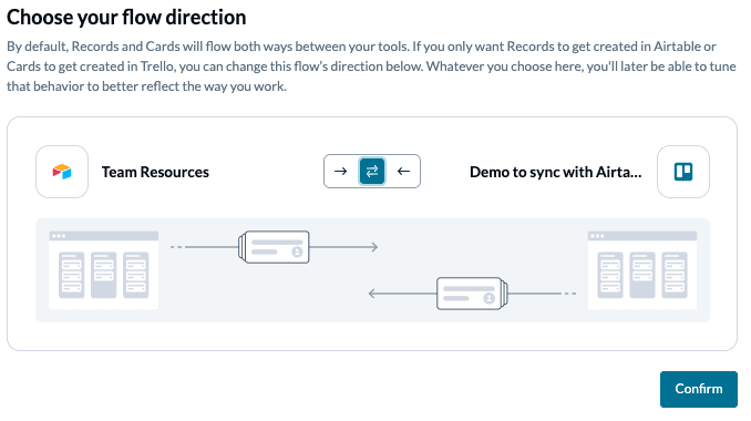 Airtable to Trello flow direction with Unito two-way sync