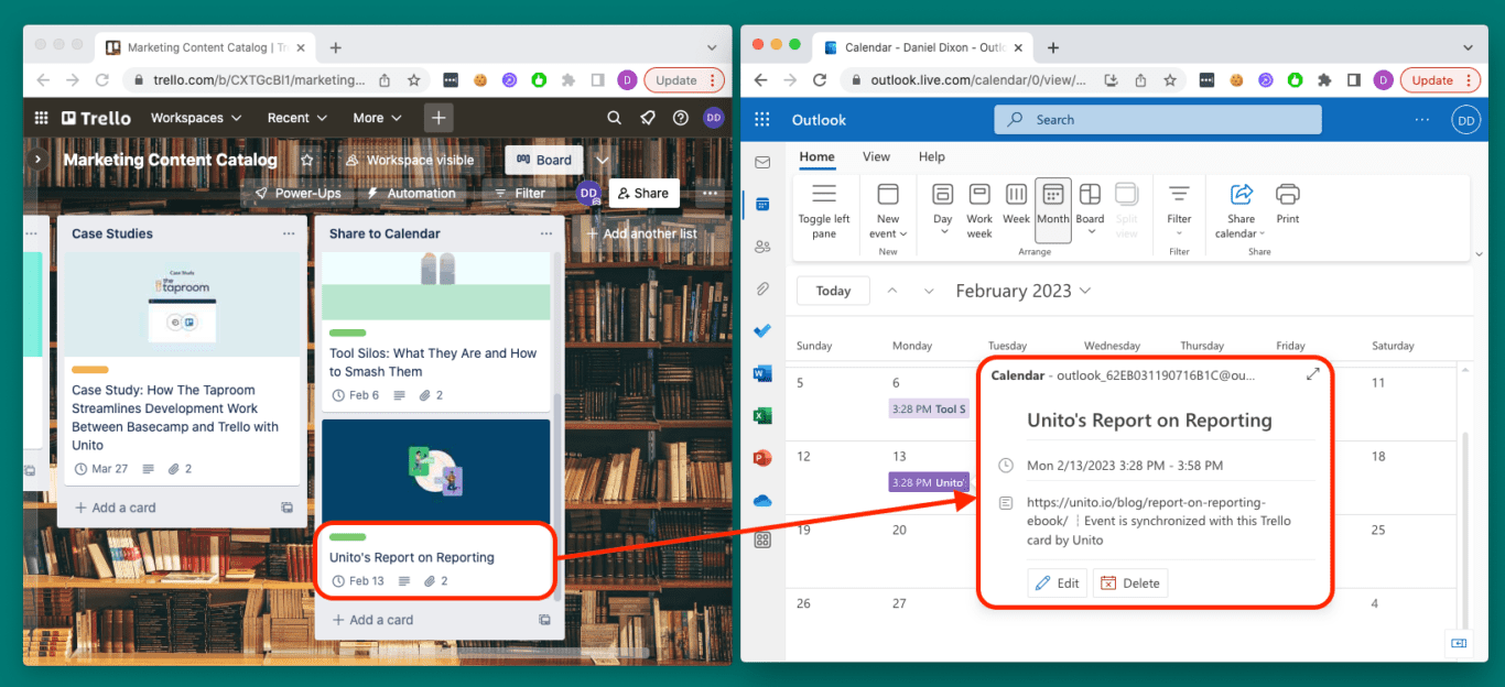 Here's what it looks like when Trello cards are synced to Outlook events with Unito