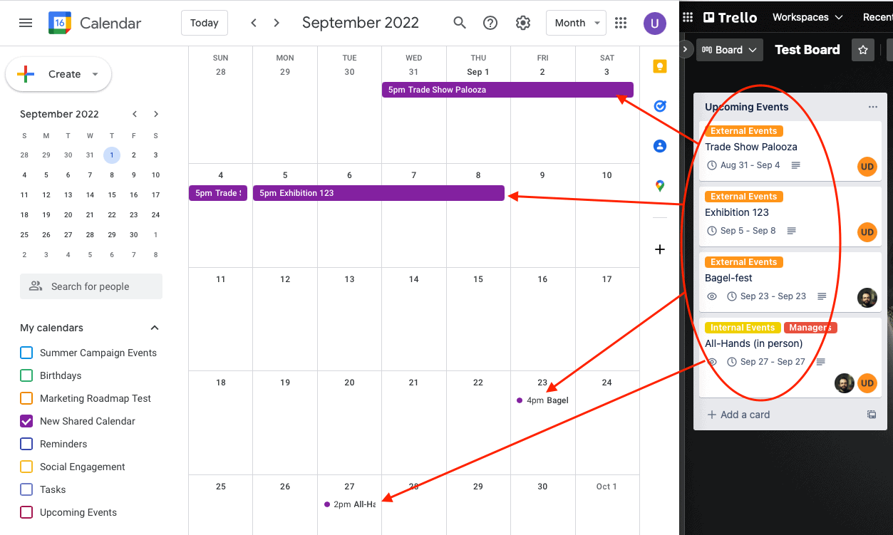 Trello and Google Calendar with a two-way Unito sync