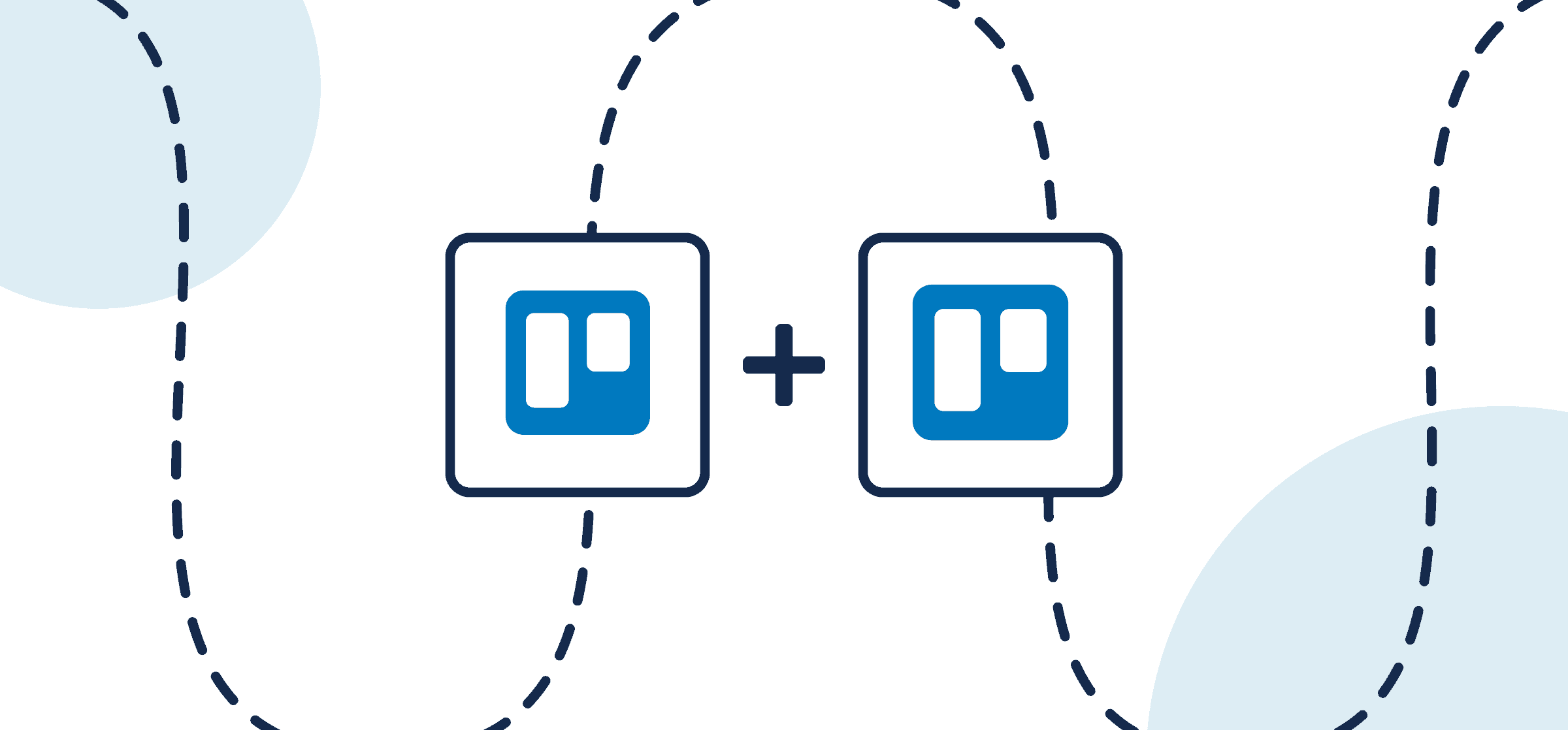 Featured image illustrating a step-by-step guide on syncing one Trello board to another through Unito, depicted by the connected Trello logos through circles and dotted lines.