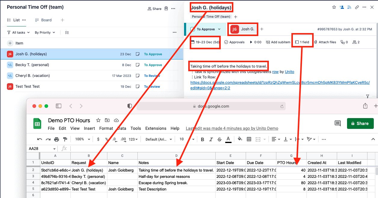 Wrike synced to Google Sheets with Unito 2-Way updates