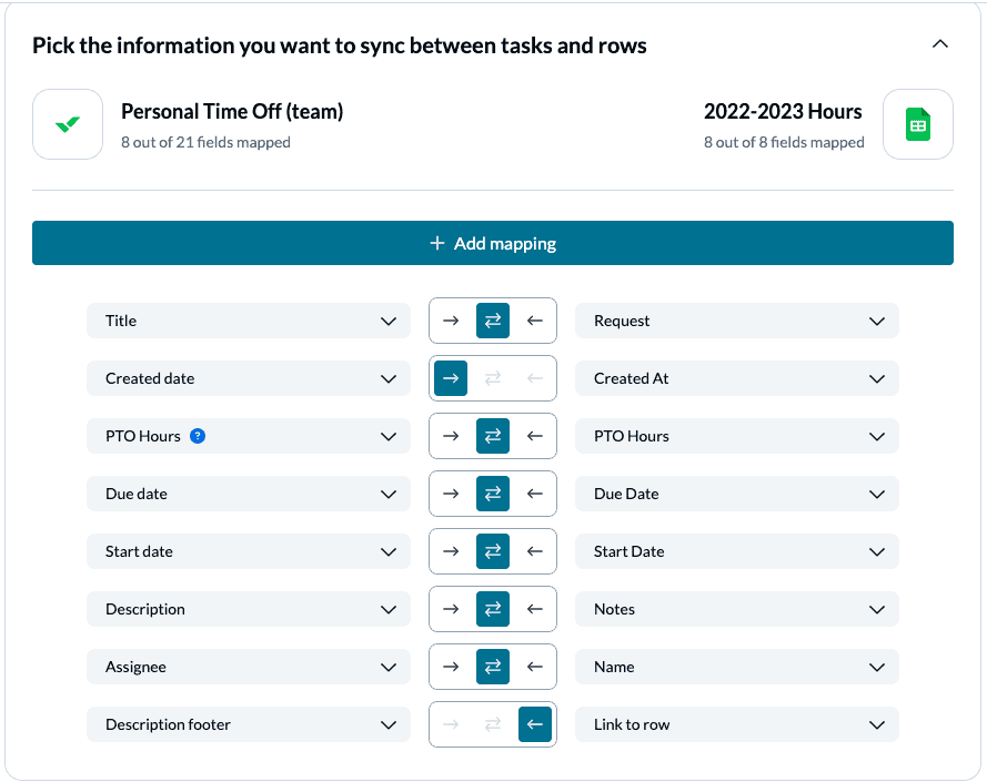 Customize field mappings to sync rows between Wrike and Google Sheets