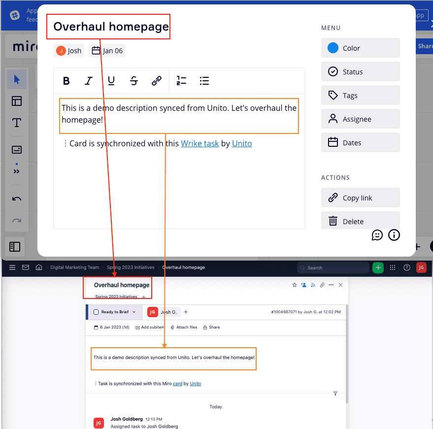 Miro card synced to Wrike task with Unito two-way sync